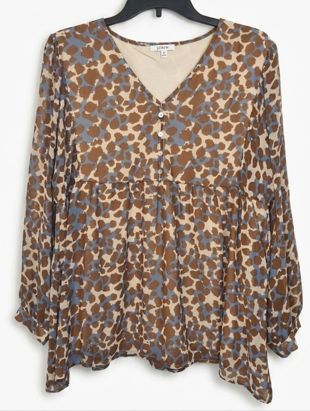 JODIFL Brown & Blue Leopard-Spot V-Neck Blouse With Sheer Quater Sleeves Sz Med - Picture 1 of 8